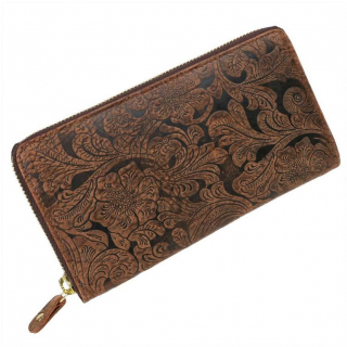 Dámska tmavohnedá peňaženka RFID, koža s potlačou kvetov