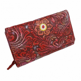 Červená kožená peňaženka s potlačou kvetov, 15 kariet