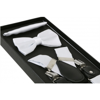 Pánske doplnky 3-dielny set - Biele traky, motýlik, vreckovka