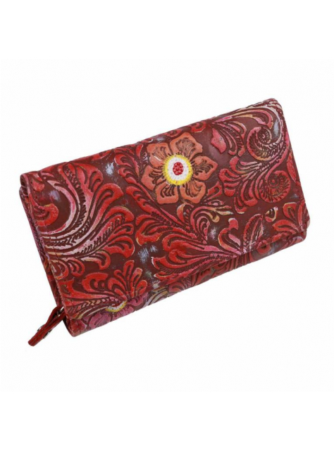 Červená kožená peňaženka s potlačou kvetov, 15 kariet - KozeneDoplnky.sk