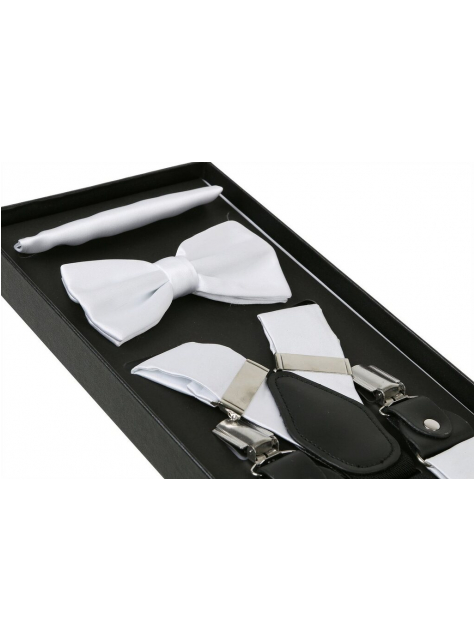 Pánske doplnky 3-dielny set - Biele traky, motýlik, vreckovka - KozeneDoplnky.sk