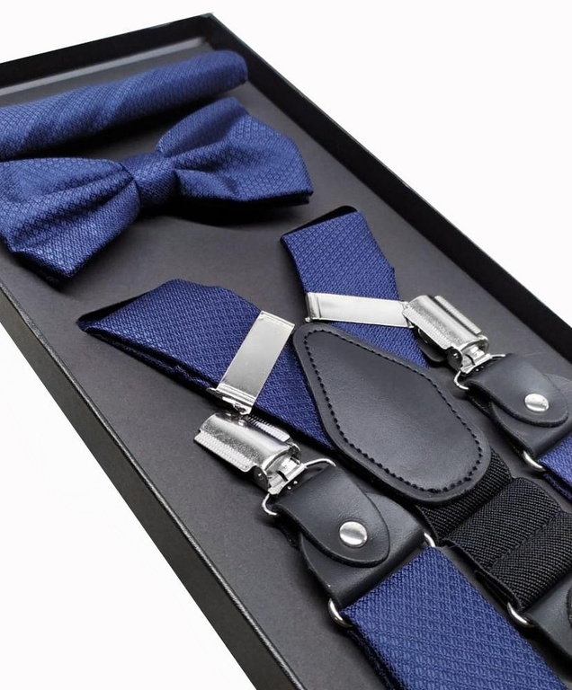 Pánske doplnky 3-dielny set - Modré traky, motýlik, vreckovka